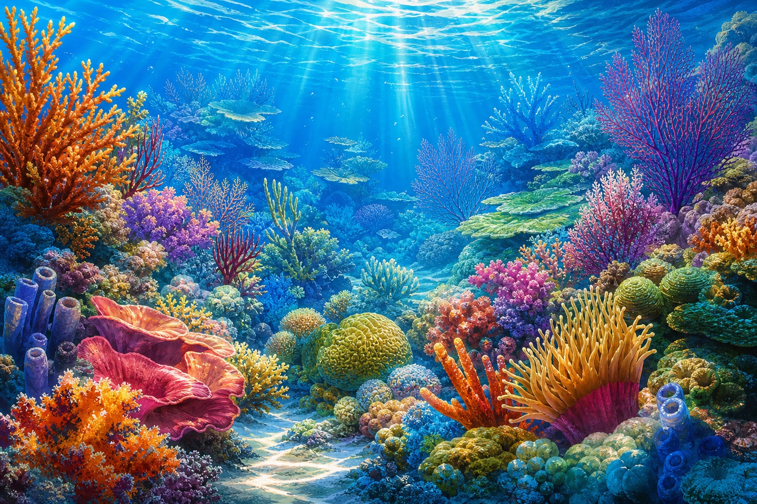 Colorful coral reef with tropical marine plants and sunlit water beams underwater