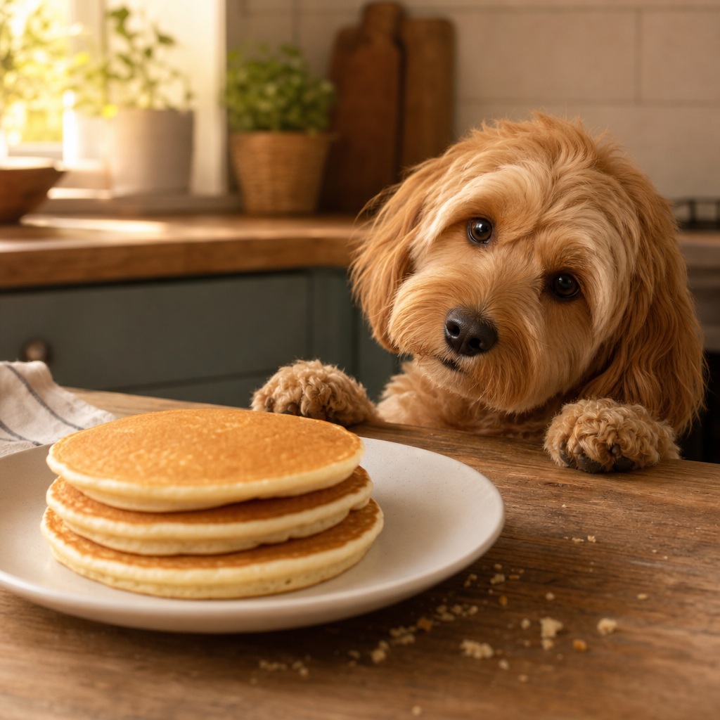 A cute dog peeks over a plate of pancakes on a kitchen counter.