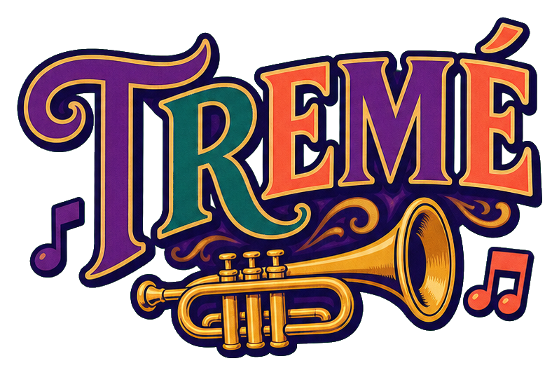 Retro Treme text with a trumpet and music notes in purple and gold