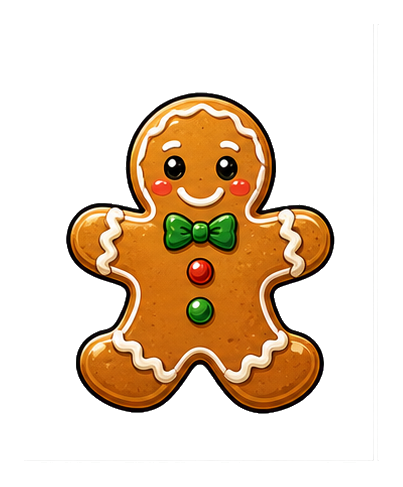 Cute gingerbread cookie with icing, bow tie, and candy buttons