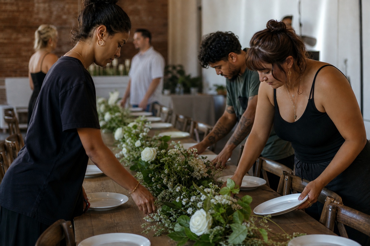 People arranging a long wedding table with flowers, plates, and napkins during ceremony prep.
