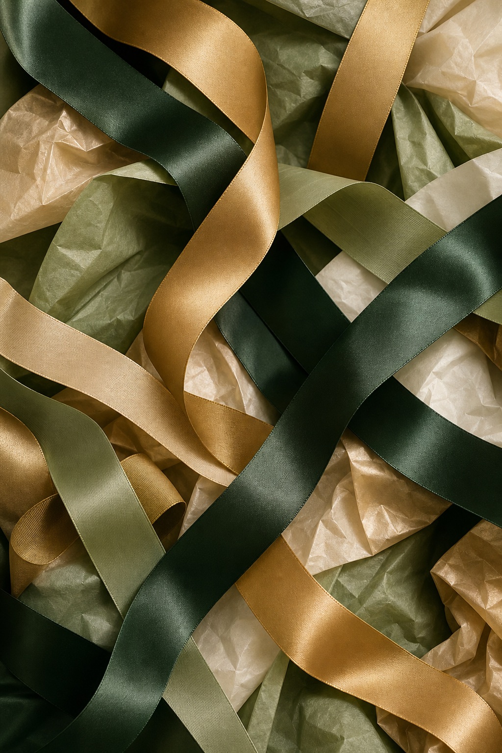 Forest green and gold ribbons layered over folded wrapping paper texture