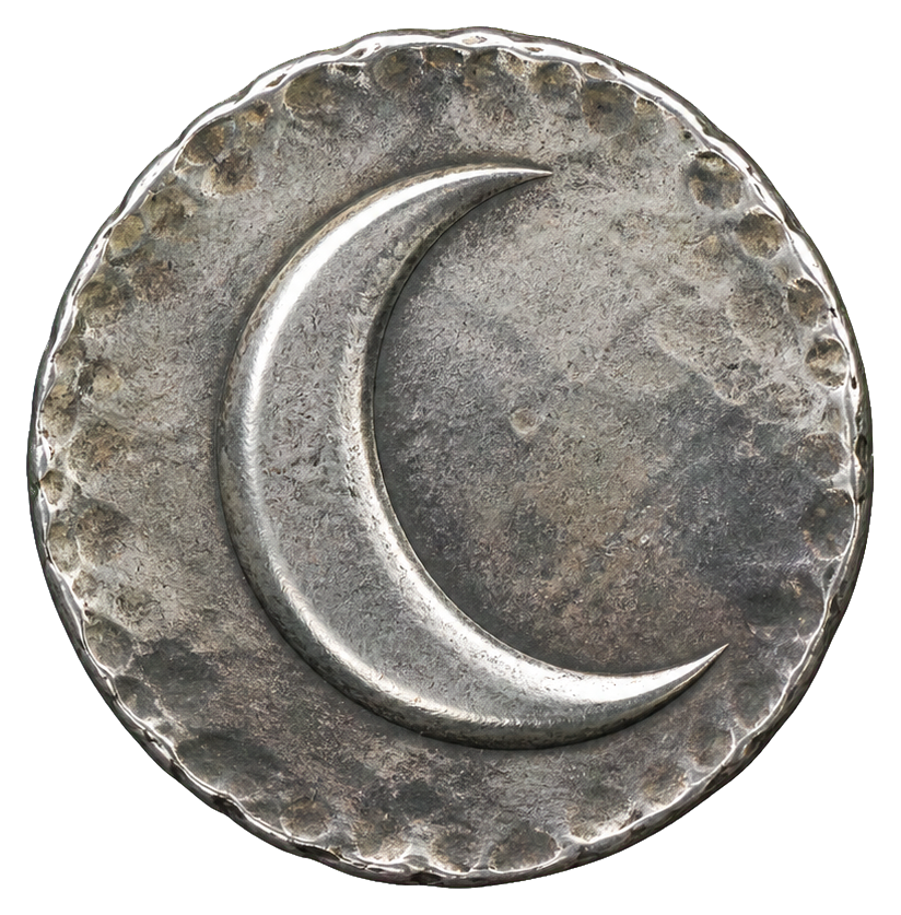 Round hammered silver coin with a raised crescent design and weathered metal texture.