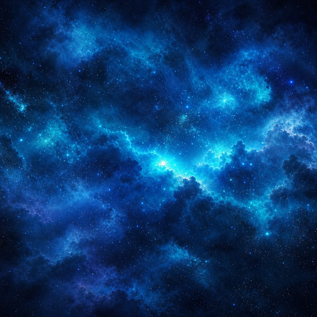 Blue cosmic dust and nebula-like light swirling across a dark space background