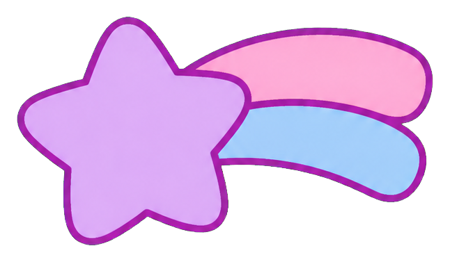 Lilac shooting star with a star-shaped head and soft pink and blue trail