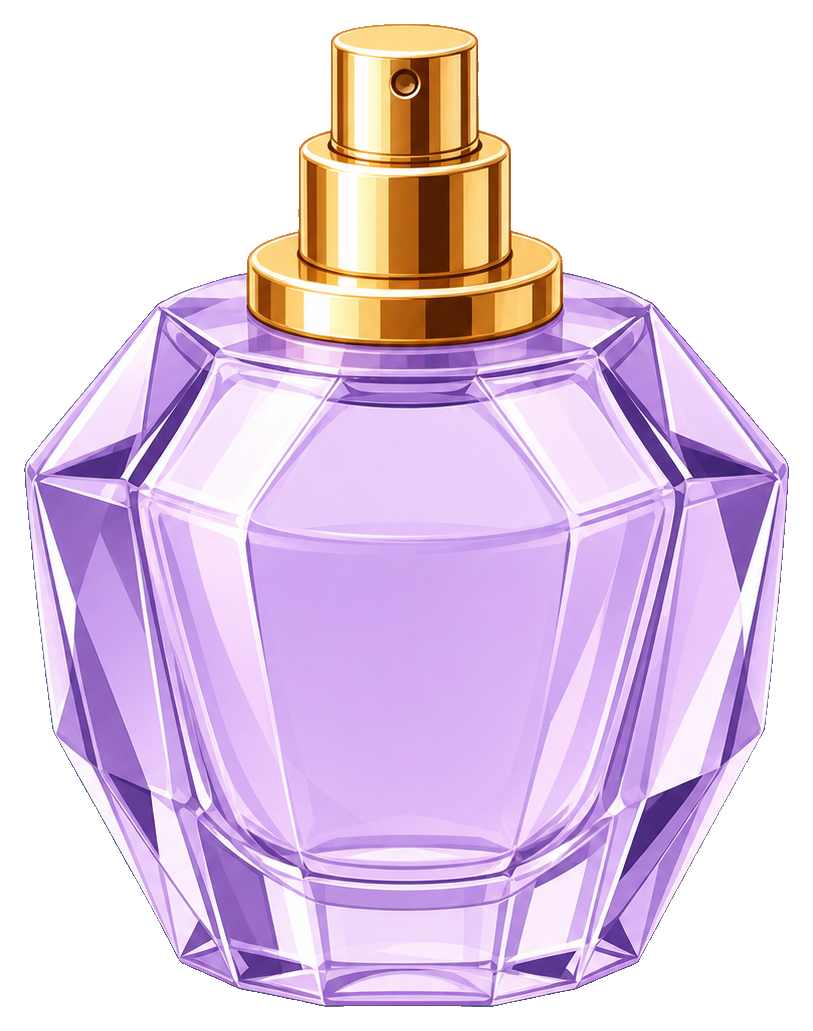 Purple perfume bottle with gold cap and faceted glass shape