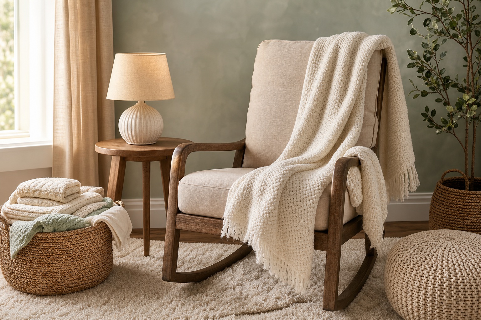 Cozy nursery corner with rocking chair, lamp, blanket, basket, and soft rug