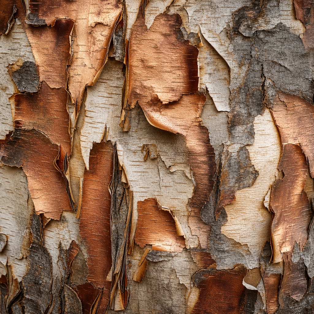 Weathered birch bark with peeling copper and gray layers in a close-up texture