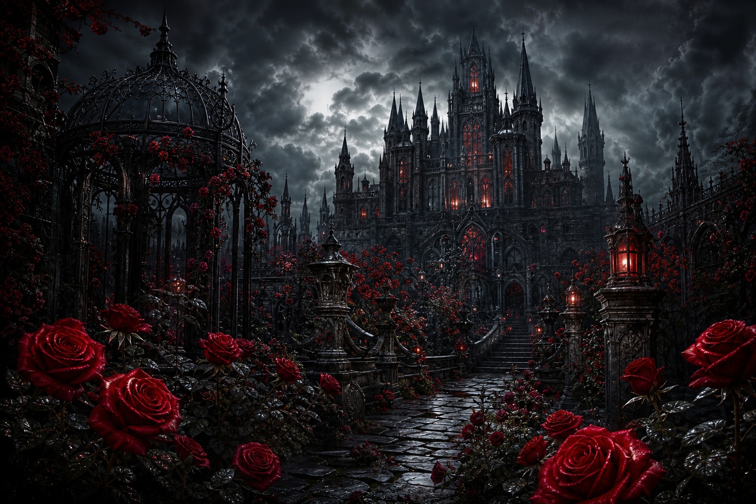 Dark gothic castle under stormy skies with red roses in the foreground