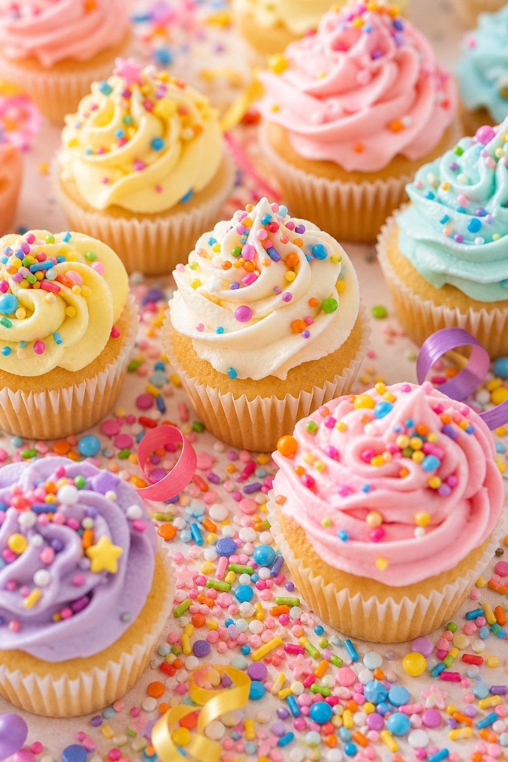 Colorful frosted cupcakes with sprinkles on a confetti-covered birthday background