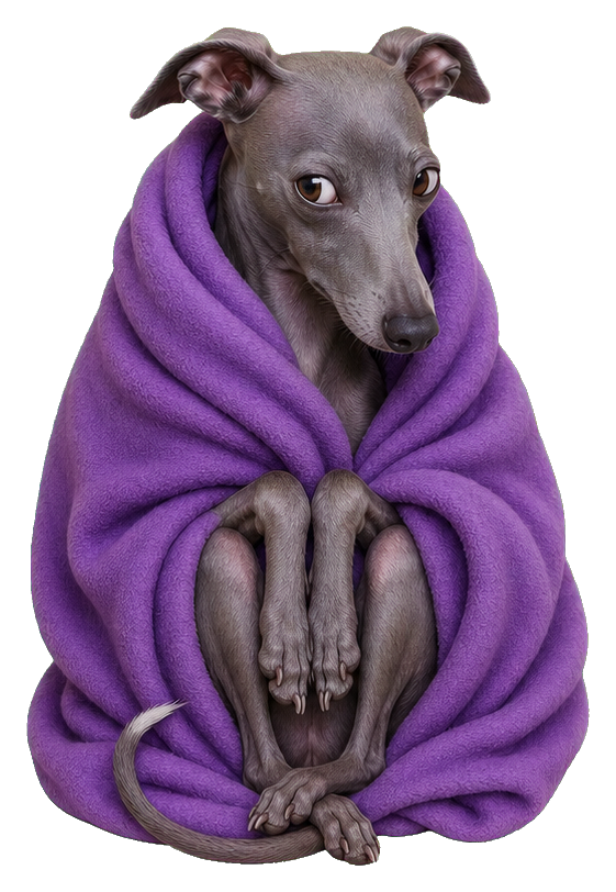 Italian greyhound wrapped in a purple blanket, peeking out with paws tucked in