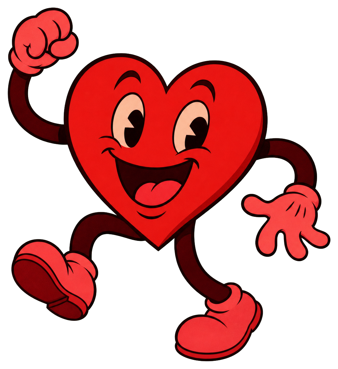 Red cartoon heart character with a smiling face, gloves, and shoes.