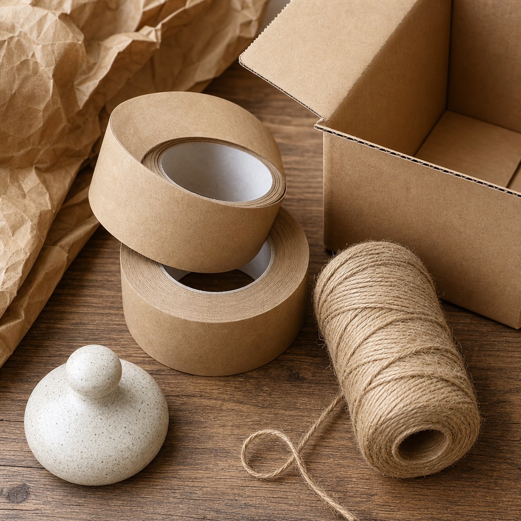 Kraft boxes, paper tape rolls, twine spool, and shipping supplies on a wooden table.