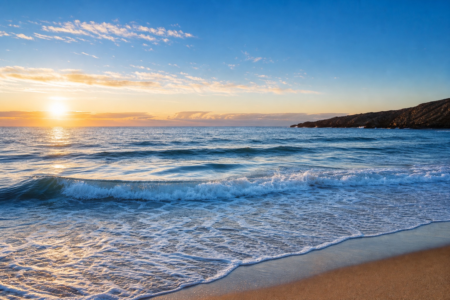 Sunrise over ocean waves rolling onto a sandy beach along a coastal shoreline