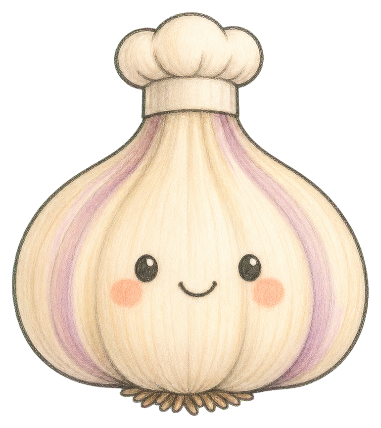 Cute garlic bulb with a chef toque and smiling face