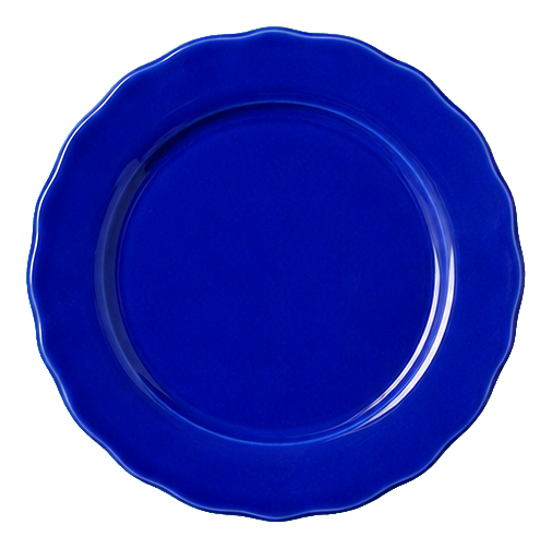 Blue ceramic plate with a glossy finish and scalloped edge