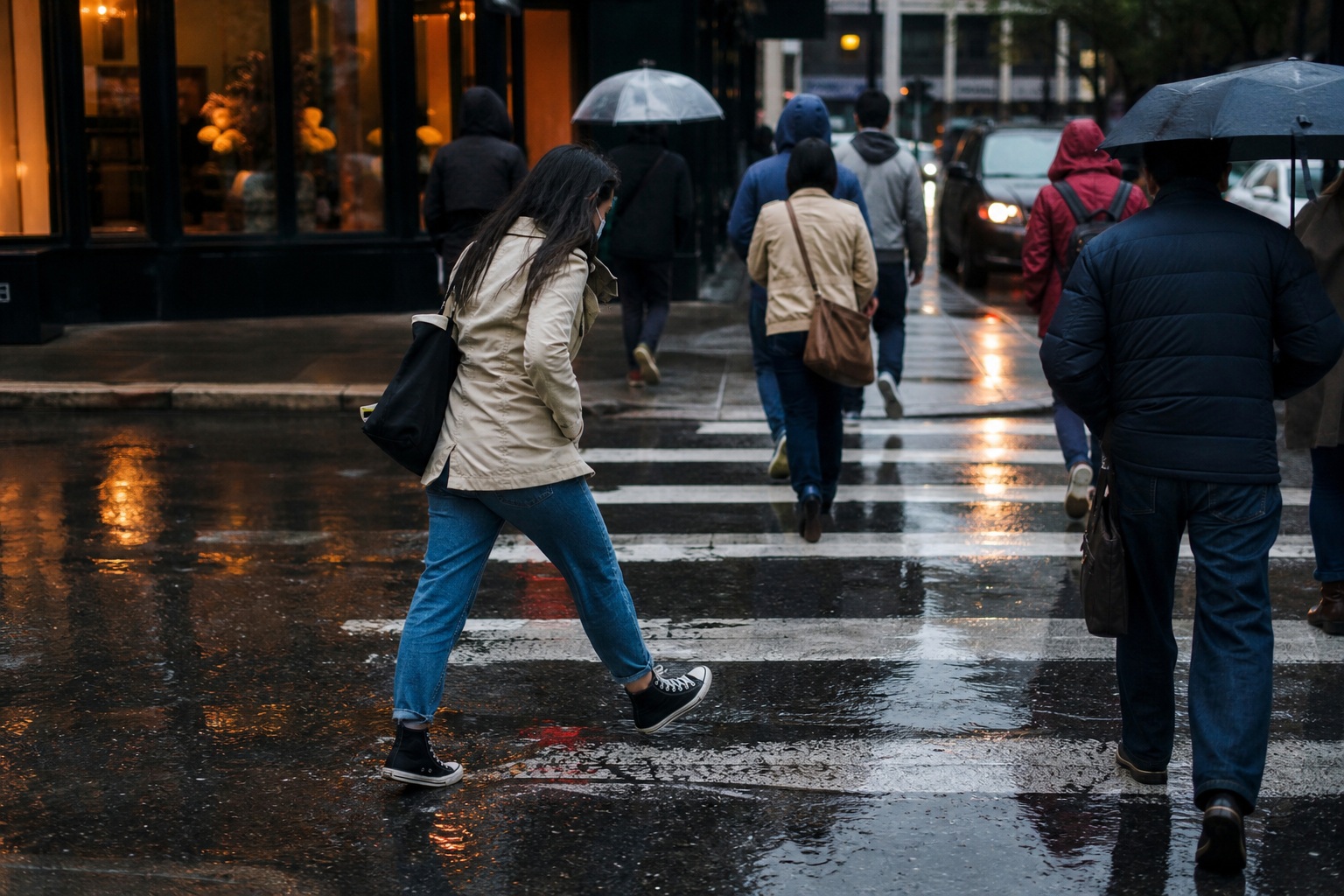 Pedestrians crossing a wet city street on a rainy day with reflections on pavement.