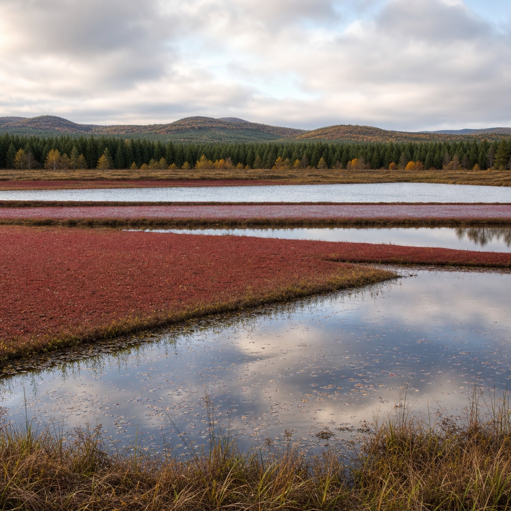 Reflective cranberry bogs with rolling farmland and distant forested hills
