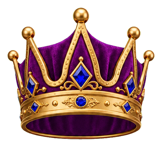 Purple and gold jeweled crown with blue accents and a velvet cap shape.