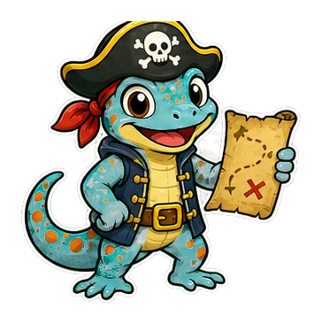 Cartoon lizard wearing a pirate hat and holding a treasure map.