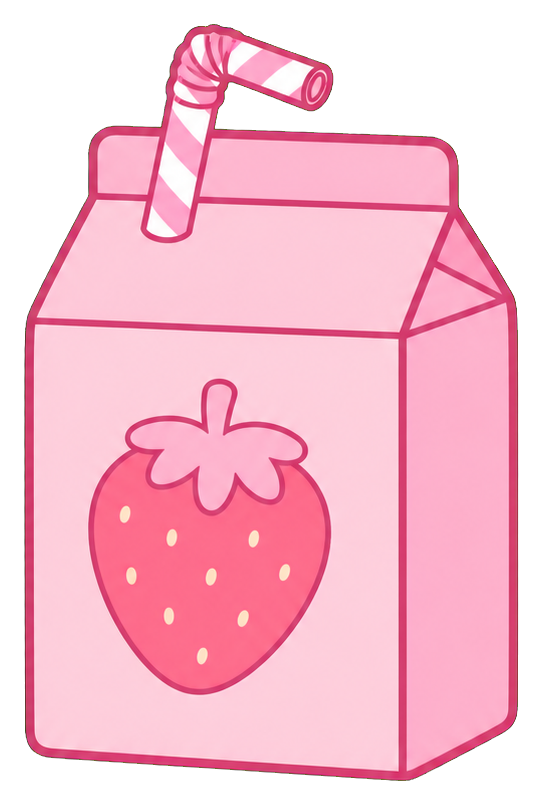 Pink strawberry milk carton with a striped straw and strawberry graphic on the front