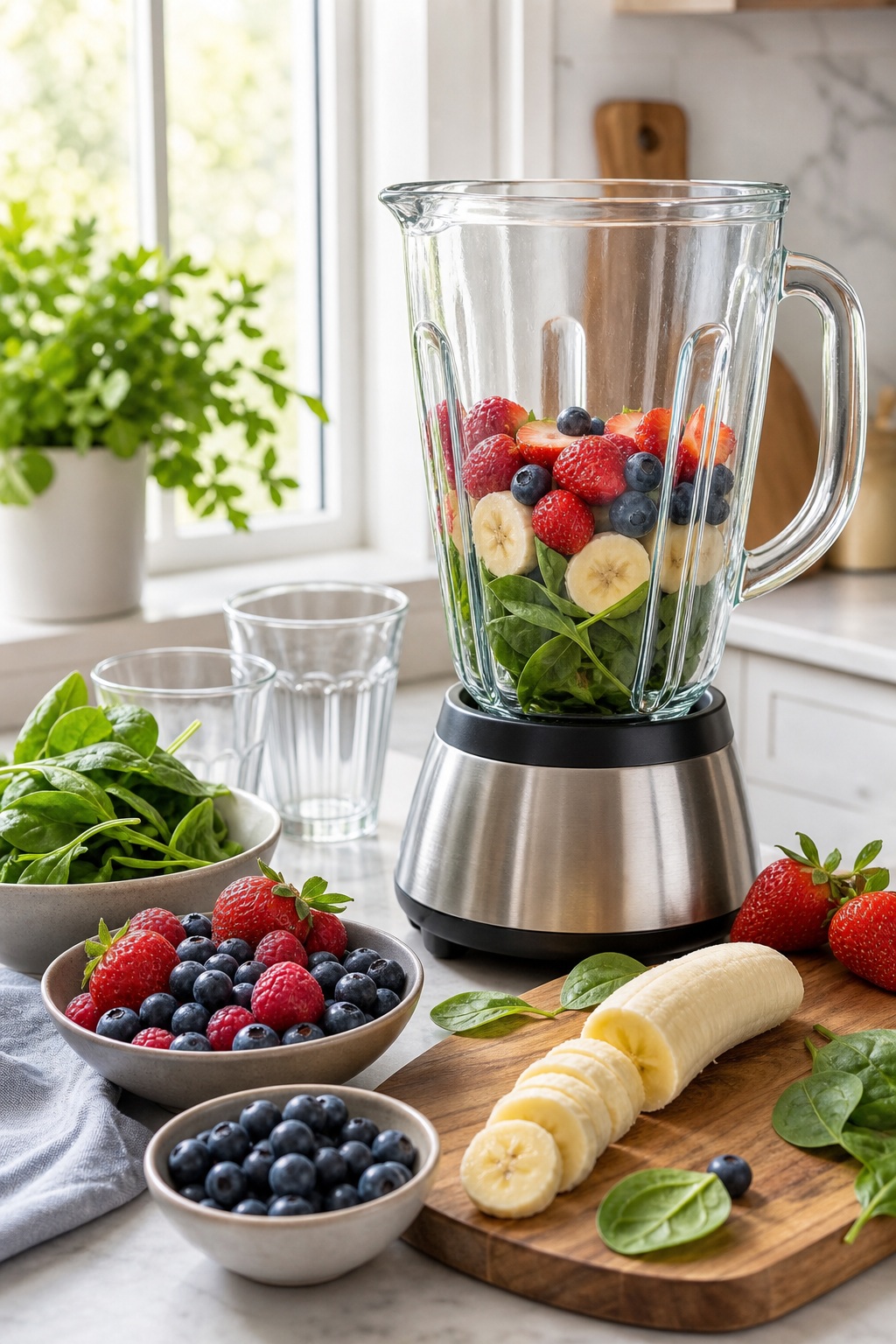 Blender with fruit and spinach surrounded by bowls of berries and sliced banana in a bright kitchen