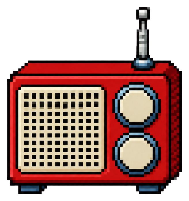 Pixel art red radio with two circular dials and a small antenna