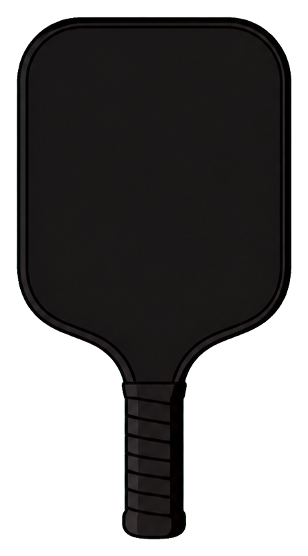 Black paddle-shaped sticker with a blank rounded face and striped handle