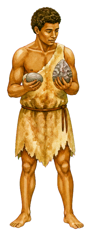 Watercolor prehistoric human holding two stone tools and wearing a simple stone age garment