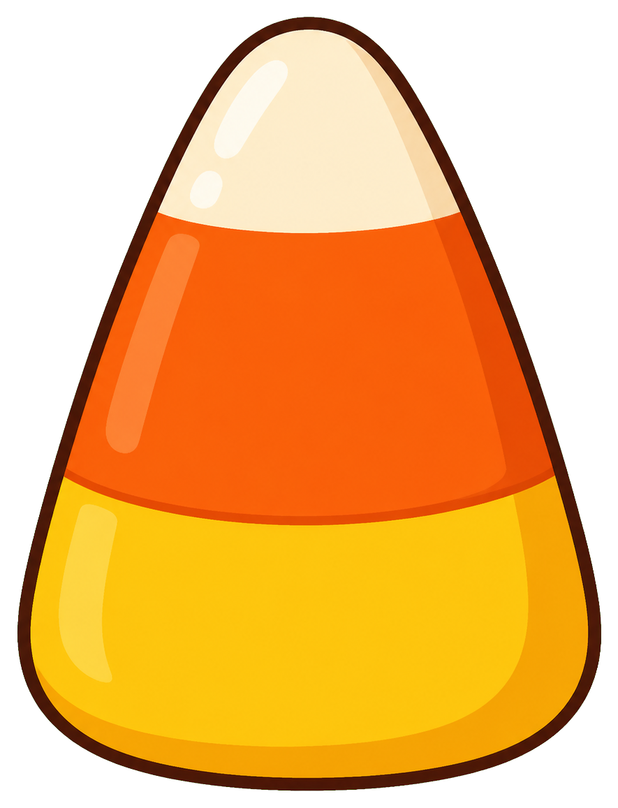 A bright candy corn piece with orange, yellow, and cream stripes.