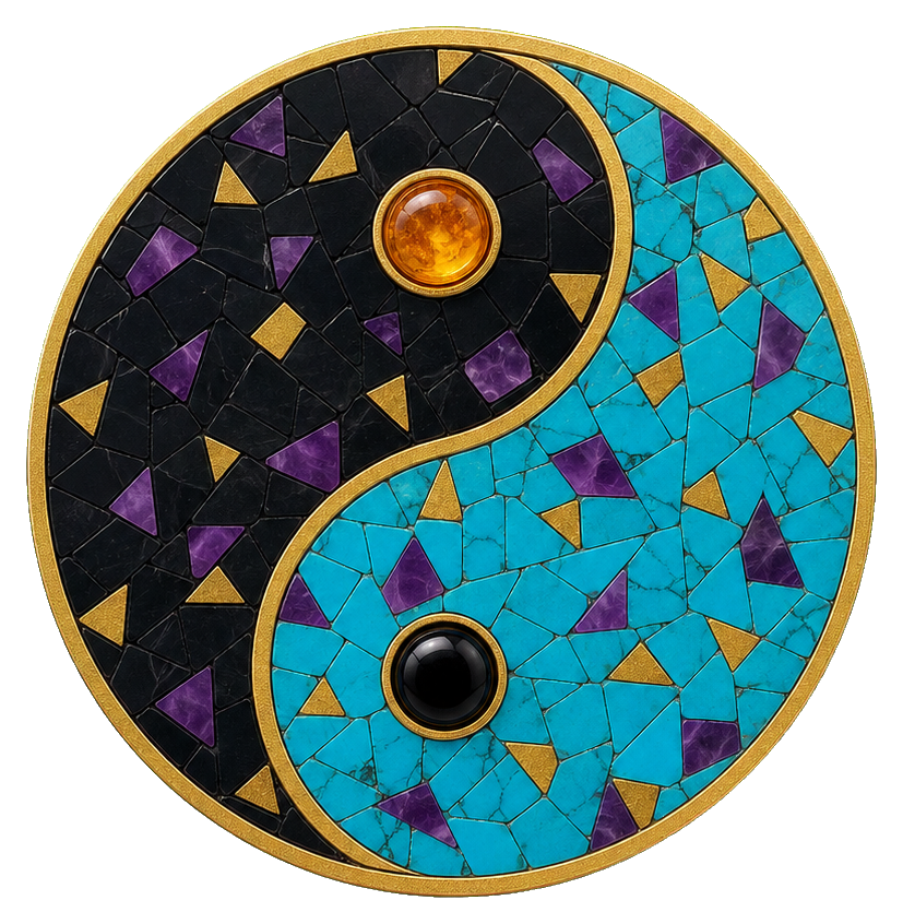 Beaded yin yang symbol with black and turquoise mosaic-style halves and amber centers