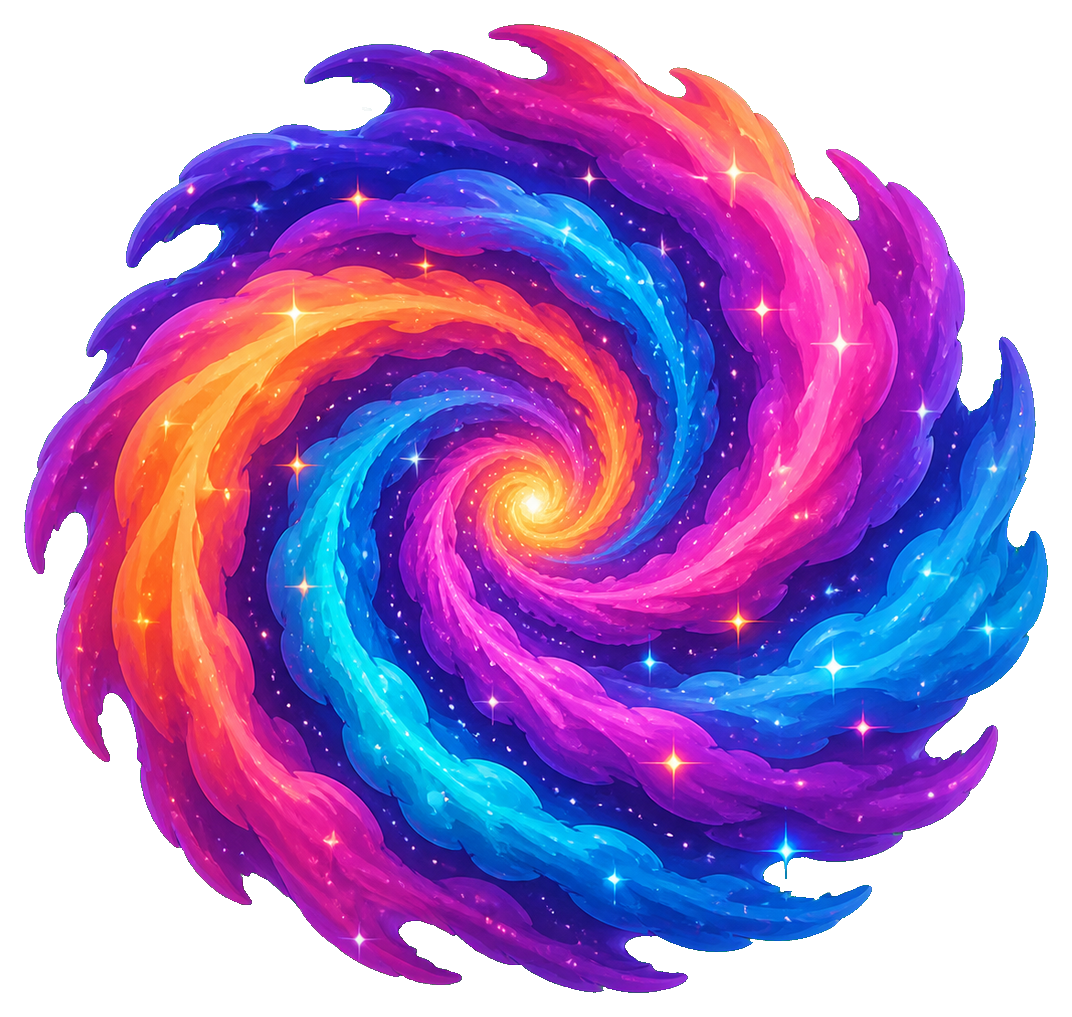 Colorful pink, blue, and purple nebula swirl in a spiral shape
