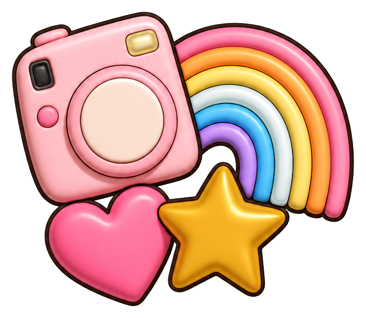Pink camera sticker with rainbow, heart, and star graphic.
