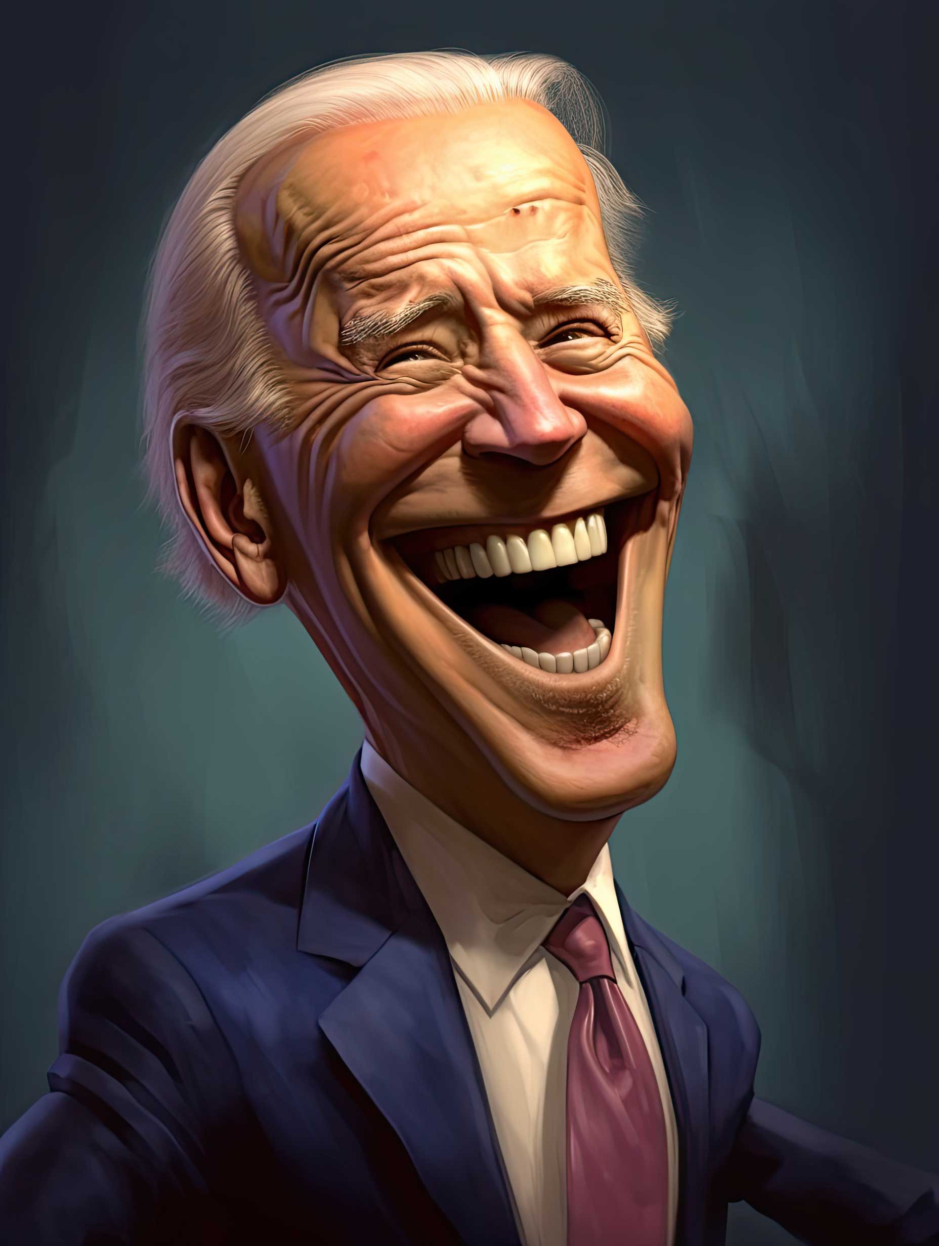 Caricature of Joe Biden smiling with an exaggerated wide open mouth on a dark background.