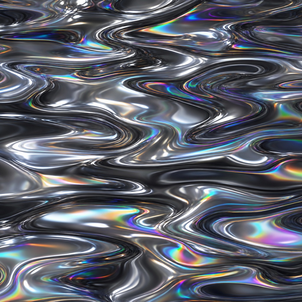 Wavy reflective chrome surface with rainbow highlights and rippled metallic bands