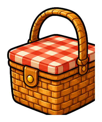 A woven picnic basket with a red and white checkered lid and curved handle.