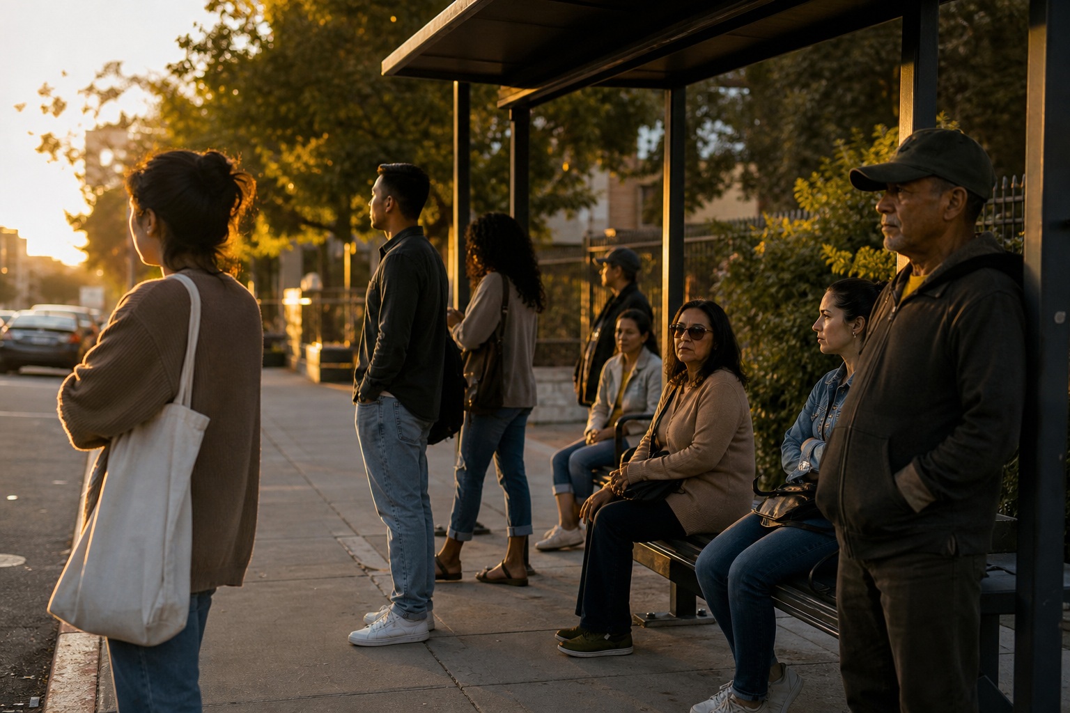 People waiting at a bus stop on a sidewalk during golden hour.