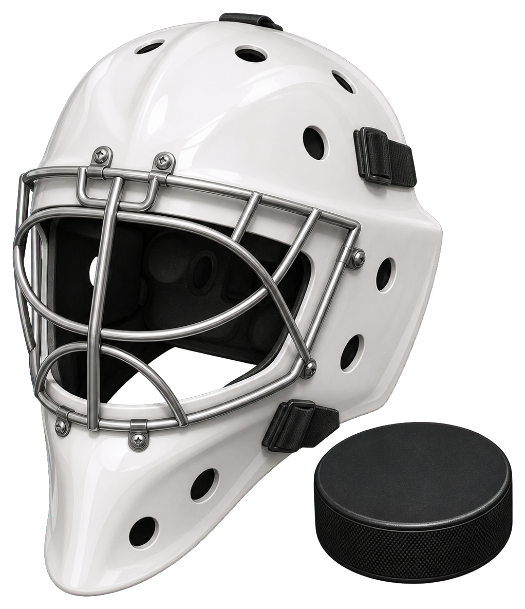 Blank white hockey goalie mask with a black puck beside it.
