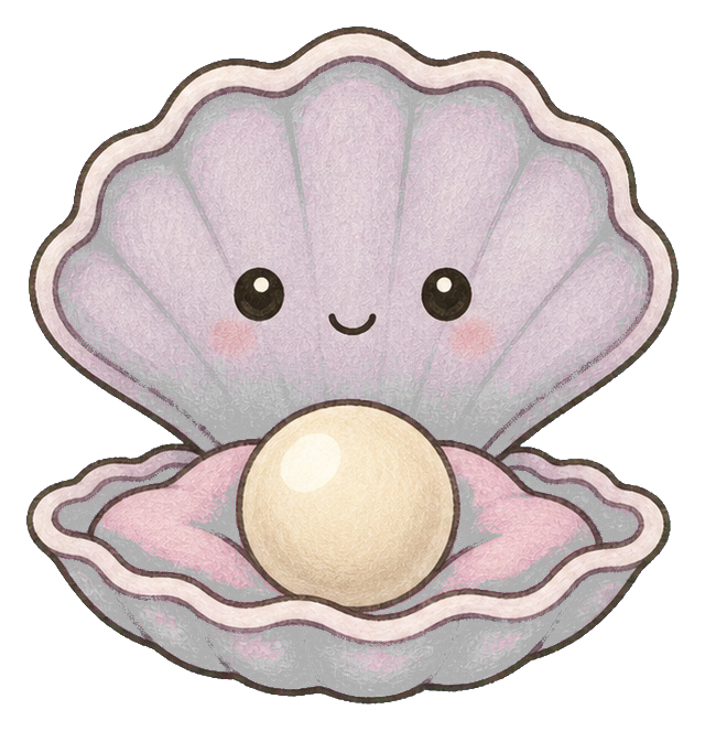 Cute pink pearl oyster shell holding a pearl with a kawaii face