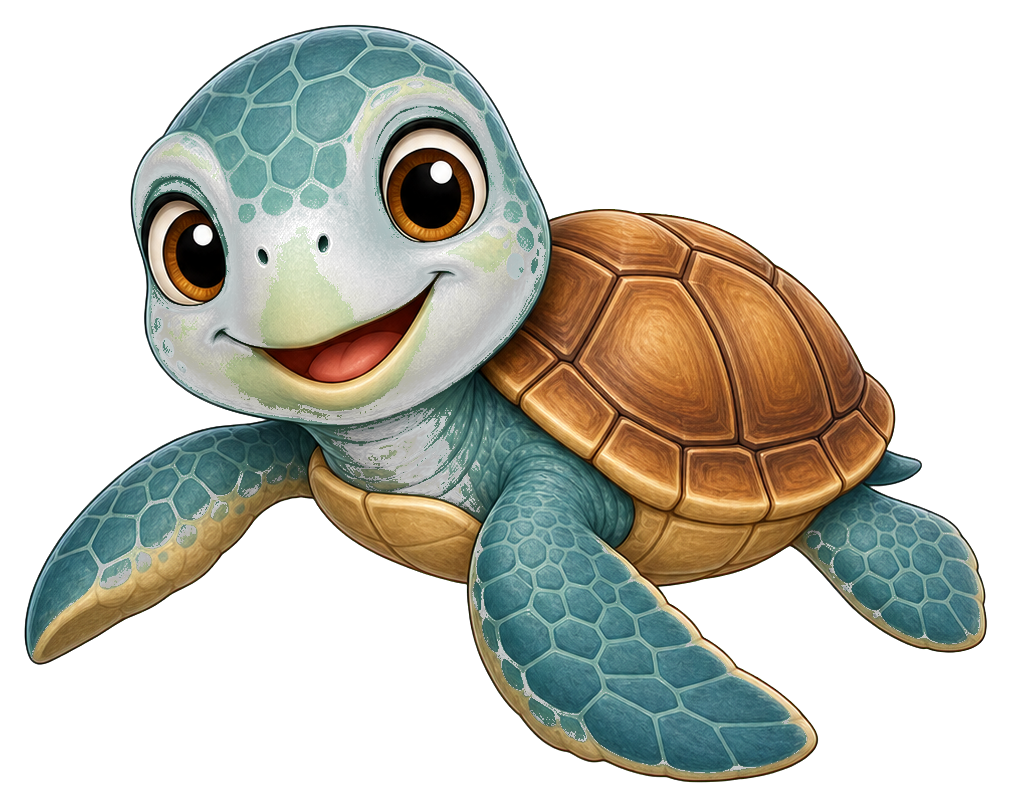 Cute baby turtle hatchling with a smiling face and patterned shell.