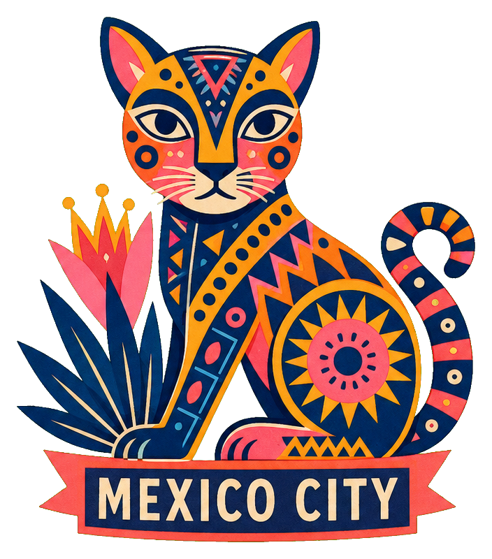 Colorful folk art cat with Mexico City banner and decorative geometric patterns
