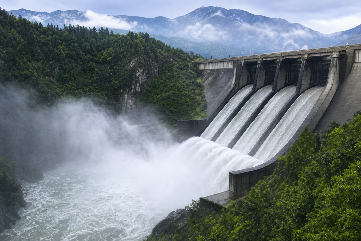 Hydroelectric dam spillway releasing water with mist over a forested valley and mountains