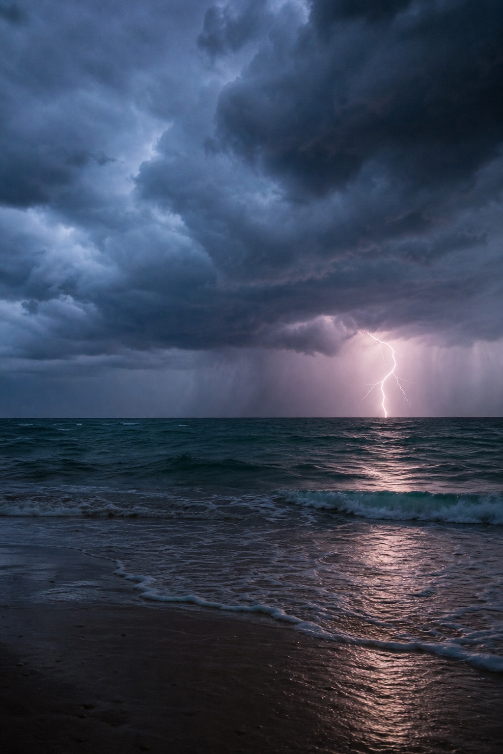 Dark storm clouds over the ocean with a bright lightning strike near the horizon.