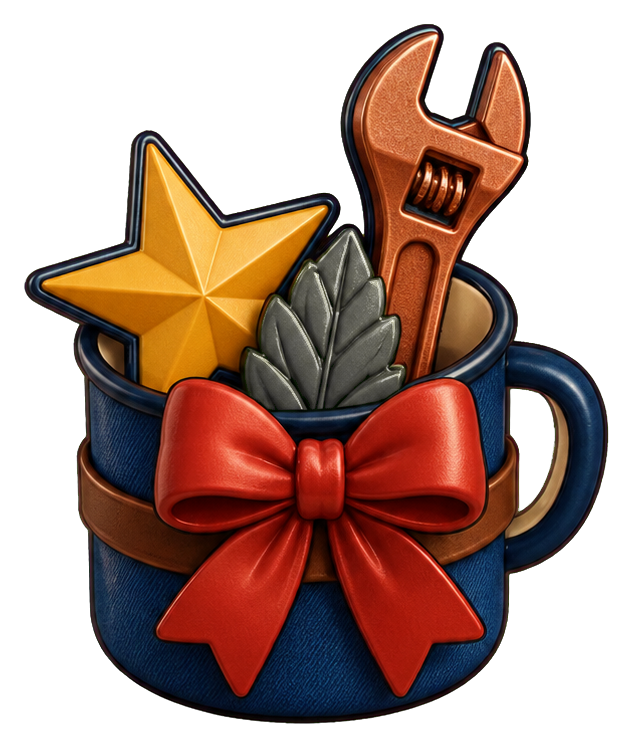A mug-shaped gift bundle with a gold star, wrench, leaves, and a red bow.