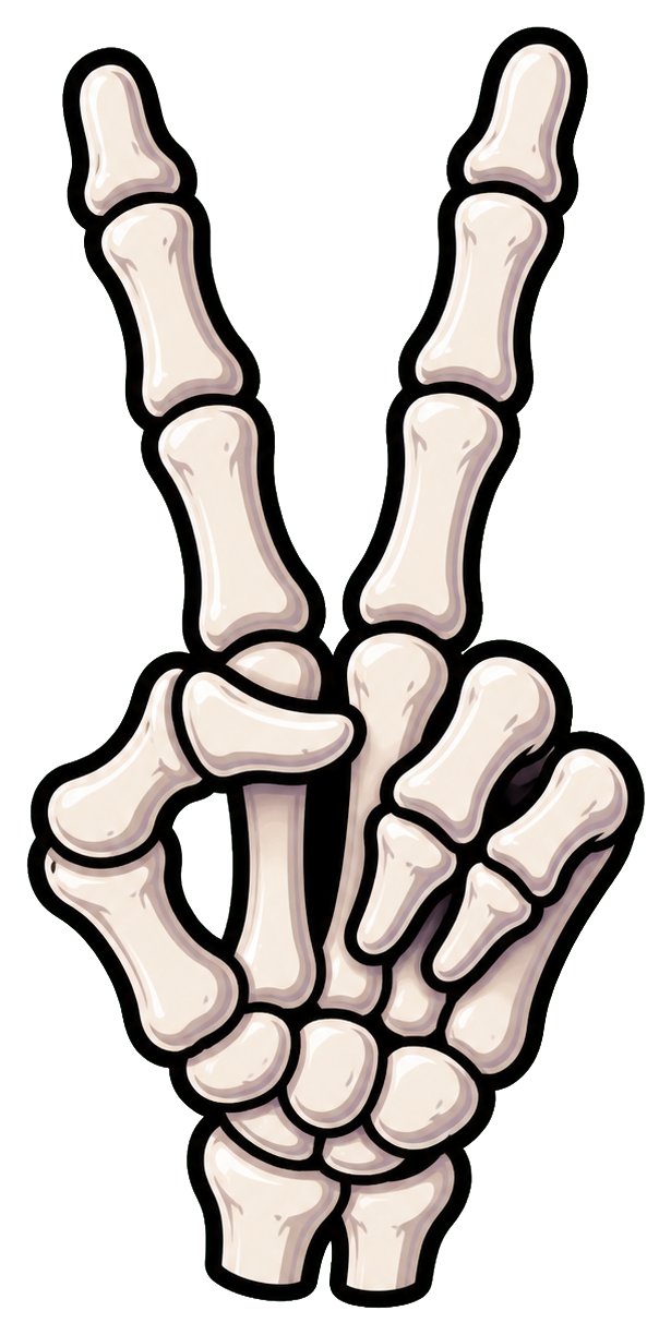 White skeleton hand making a peace sign on a black background