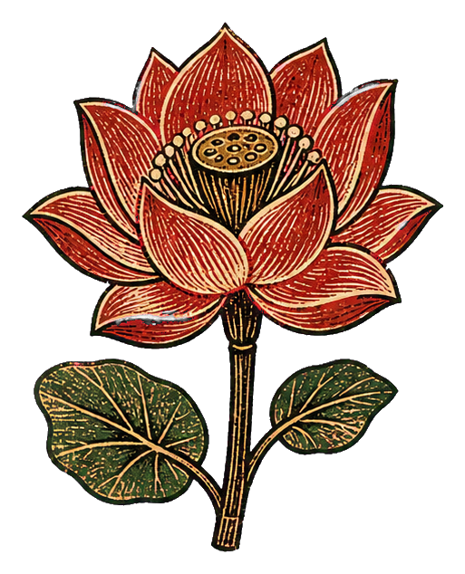 Carved woodblock style lotus flower with stem and leaves