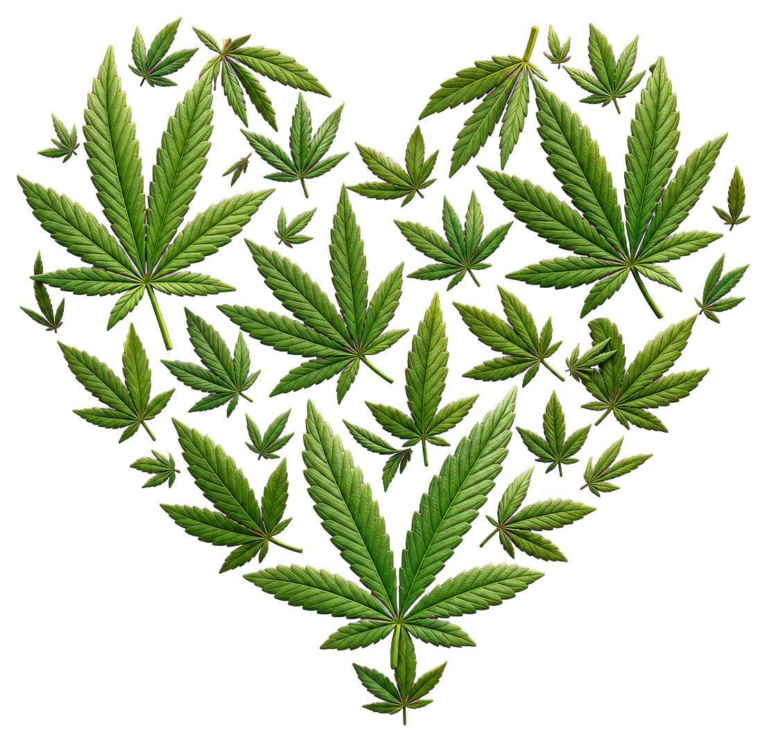 Heart shape made of green cannabis leaves on a transparent background