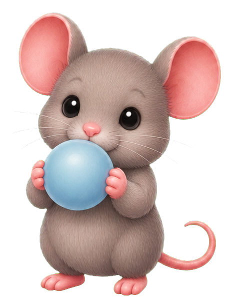 Cute gray mouse holding a blue bubble with pink ears and tail