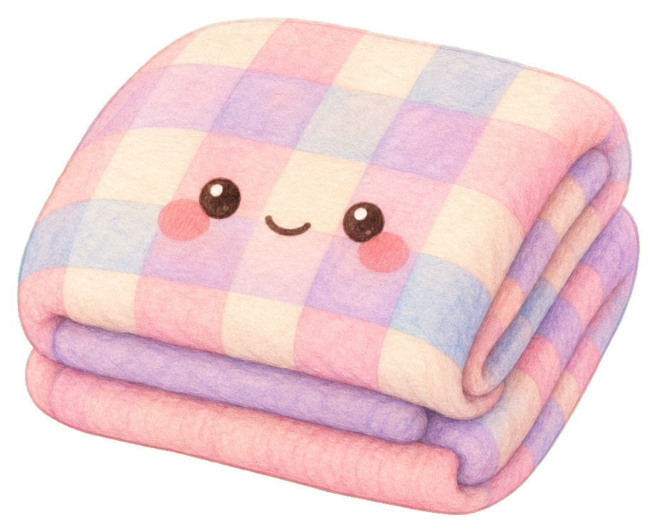 Folded pastel plaid blanket with a smiling kawaii face