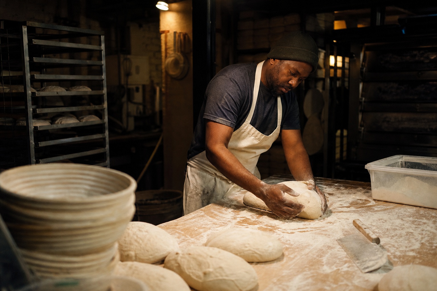 Baker kneading dough on a floured table in a dim bakery at night.
